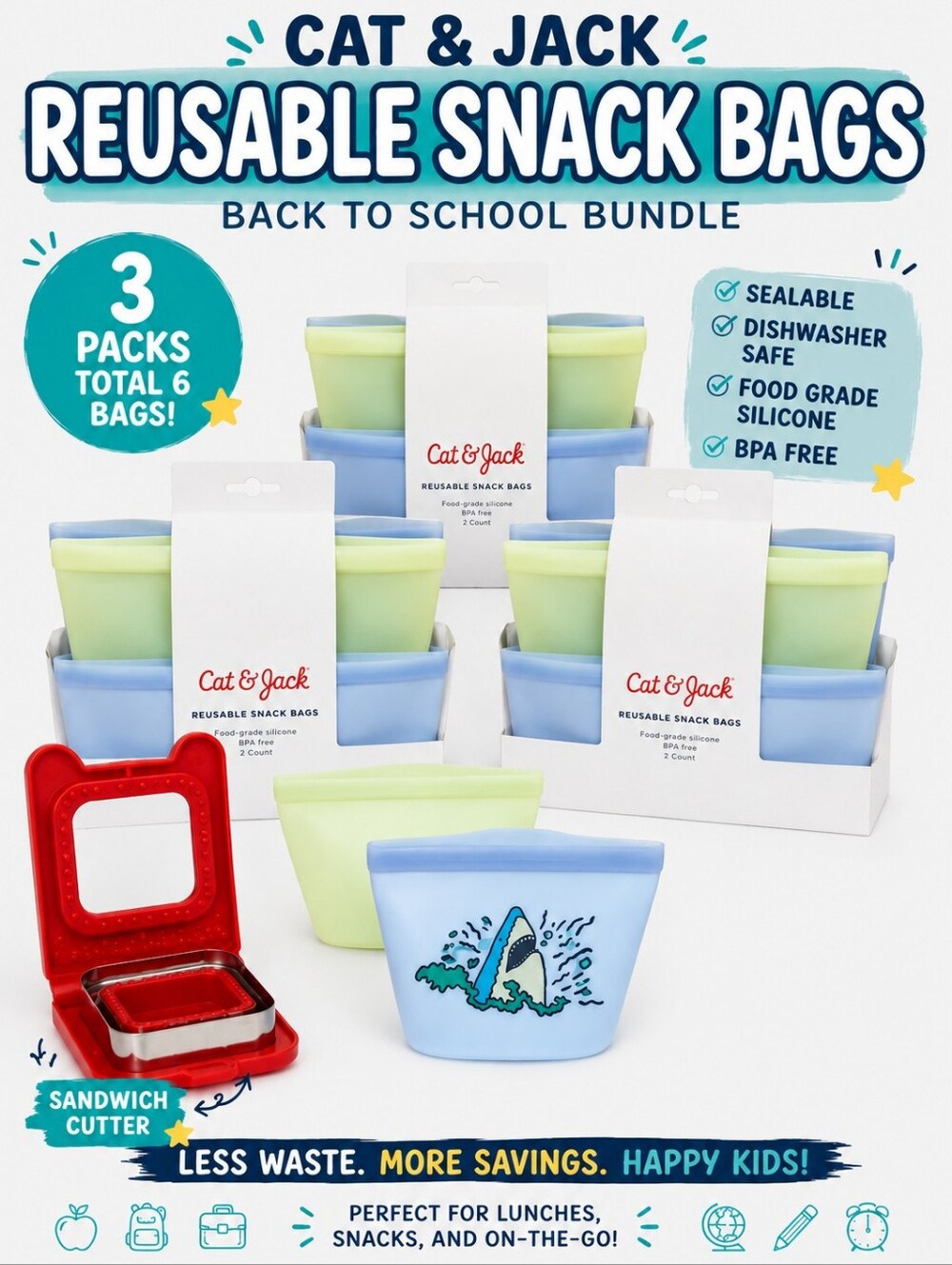Back to School Lunch Bundle – Cat & Jack Reusable Snack Bags + Sandwich Sealer